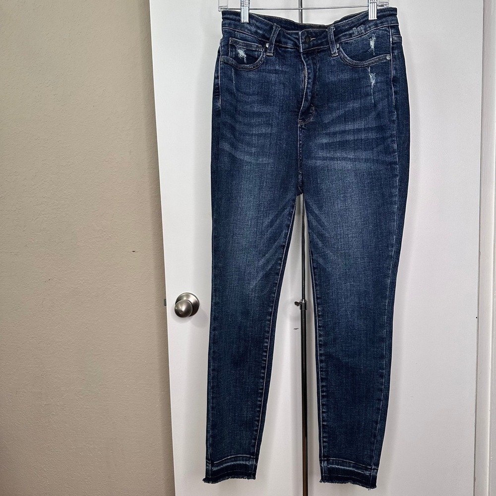 Judy Blue High Waist Skinny Jeans Dark Wash Distressed Raw Hem Size 11/30 0034